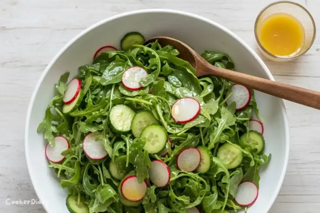 Top-down view of radish arugula salad with spring greens and cucumber in a white bowl.