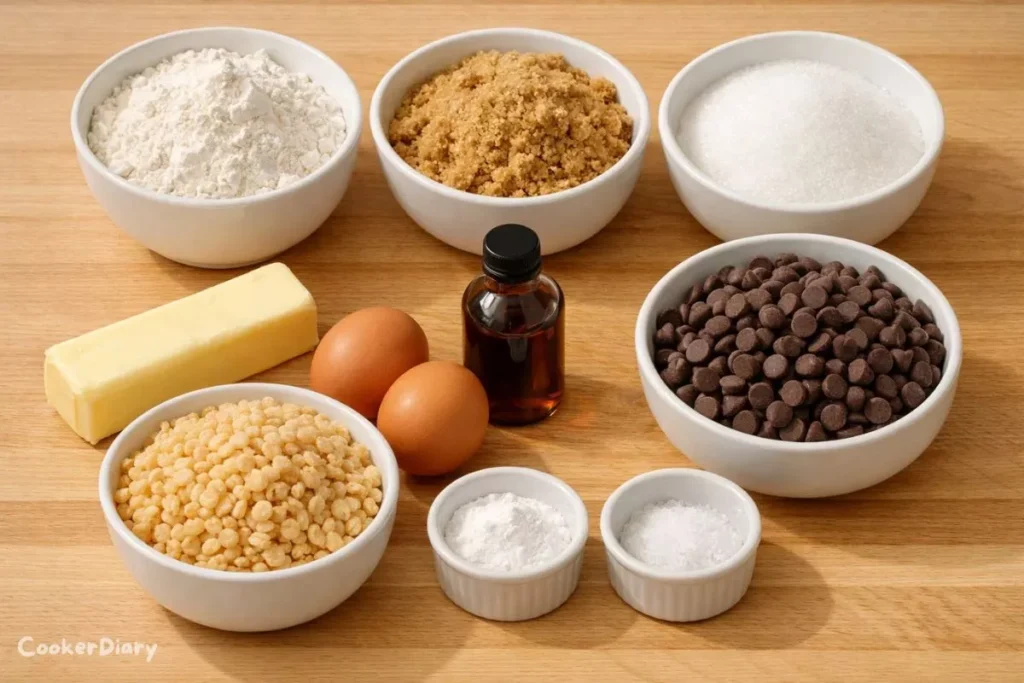 Flat-lay of rice krispie cookie ingredients on wooden countertop.