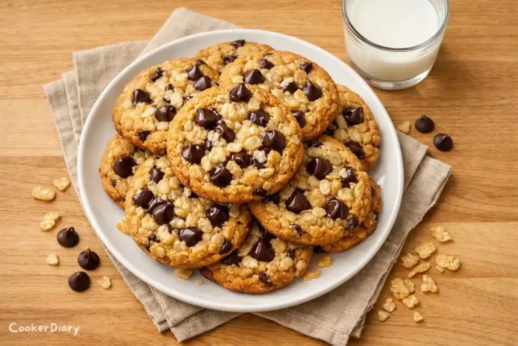 Top-down view of rice krispie chocolate chip cookies on a white plate.