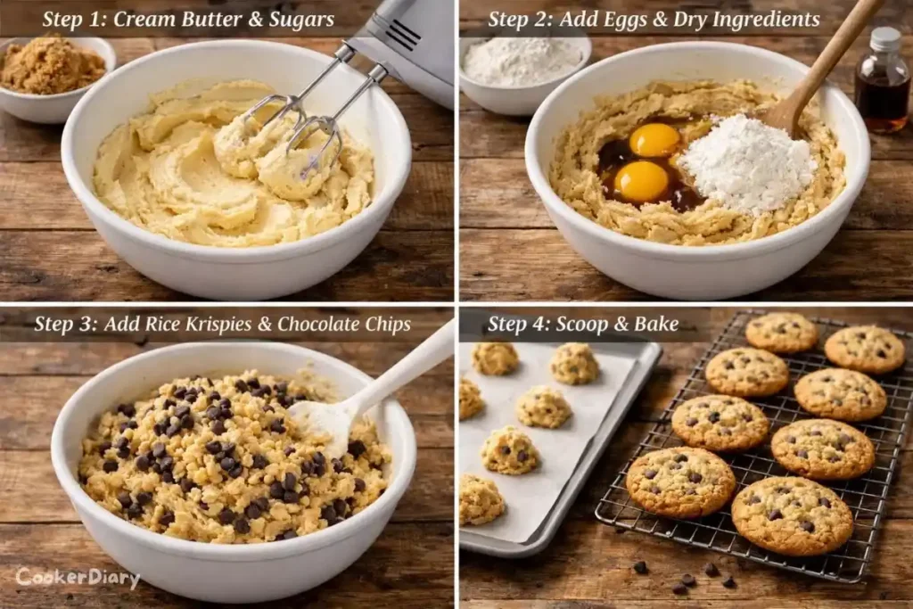 Step-by-step composite of making the chip cookies.