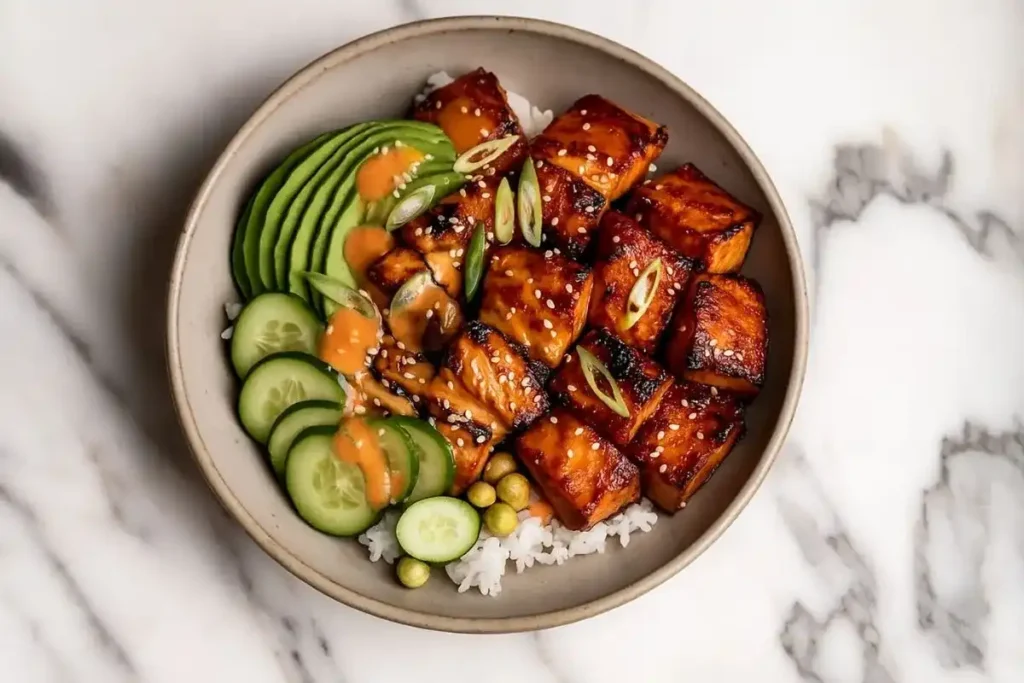 Top-down view of a salmon bowl with teriyaki glaze, featuring salmon on rice with colorful vegetables and cilantro.