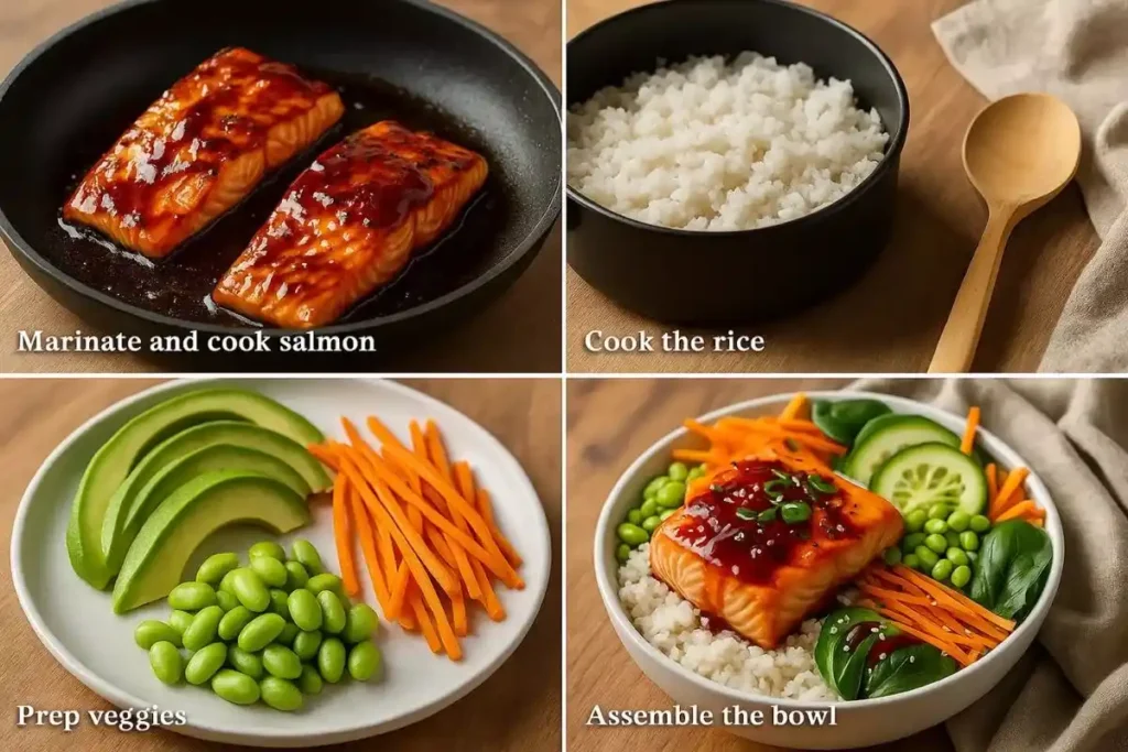 Four-step composite showing cooking salmon, cooking rice, prepping vegetables, and assembling the recipe.