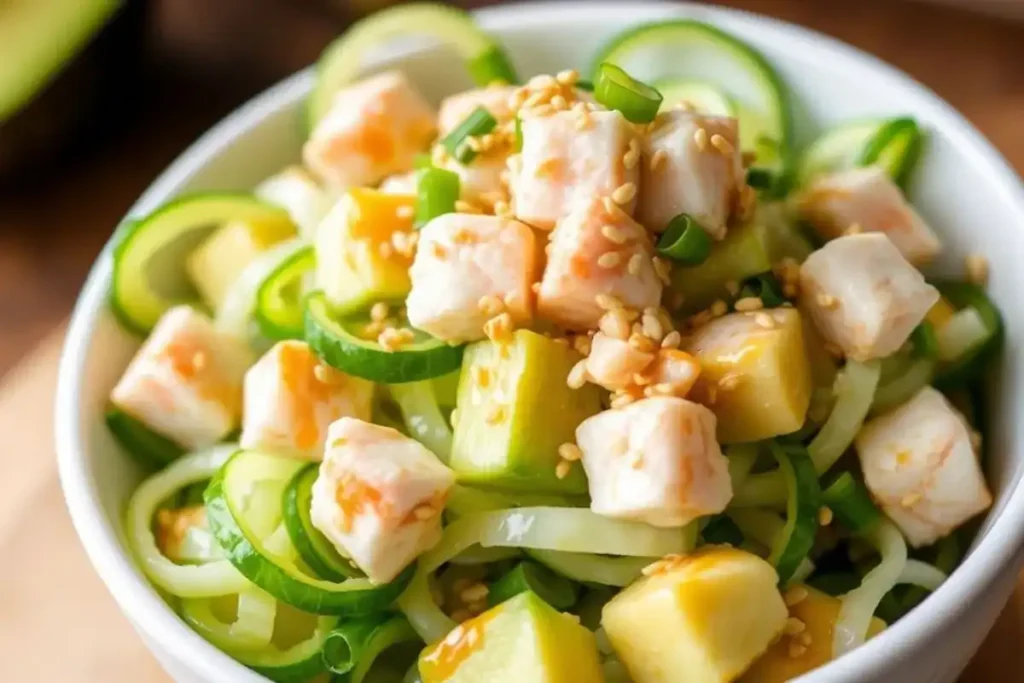 Side-angle view of California Roll Cucumber Salad with layers of cucumber, avocado, crab, and sesame dressing.