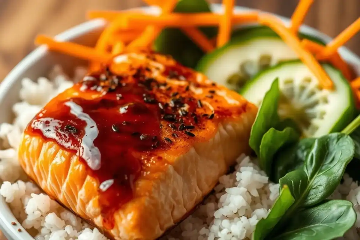 Side-angle view of a salmon bowl with teriyaki glaze, showing the flaky salmon and vibrant vegetables.
