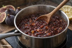 Simmering jam while stirring with wooden spoon