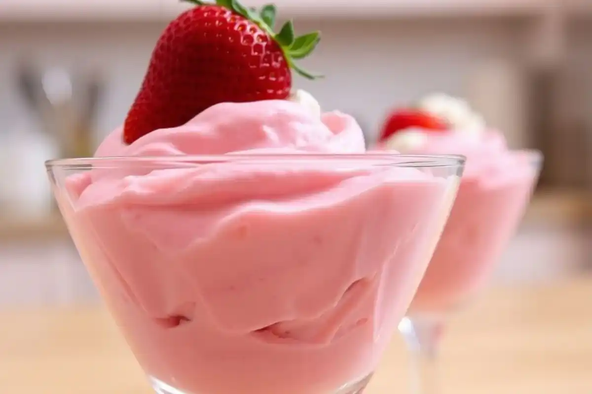 Angled view of strawberry mousse with a fresh strawberry and whipped cream topping.