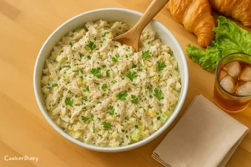 Top-down view of Southern chicken salad in a white bowl with croissants on a wooden counter.