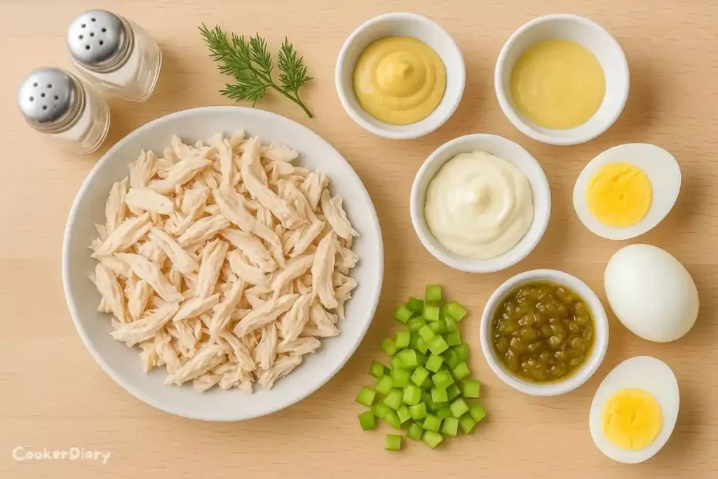 Flat-lay of fresh ingredients for chicken salad on wooden surface.