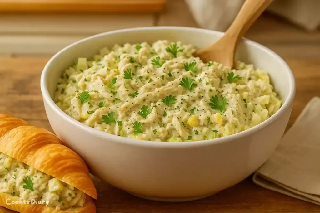 Angled close-up of creamy Southern chicken salad showing detailed texture.