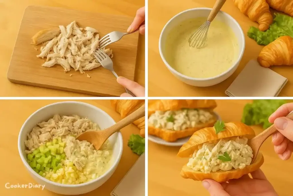 Step-by-step composite showing how to make Southern chicken salad from scratch.