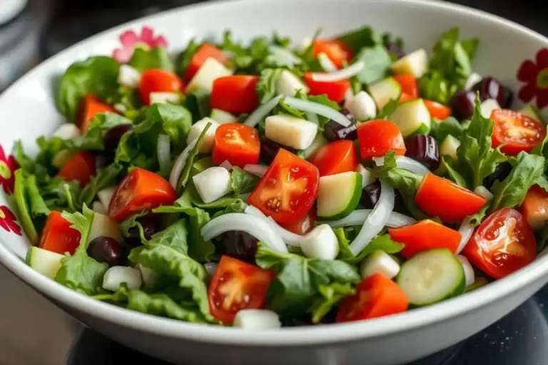 Top-down view of a fresh spring mix salad with cucumber, tomatoes, and a balsamic vinaigrette dressing.