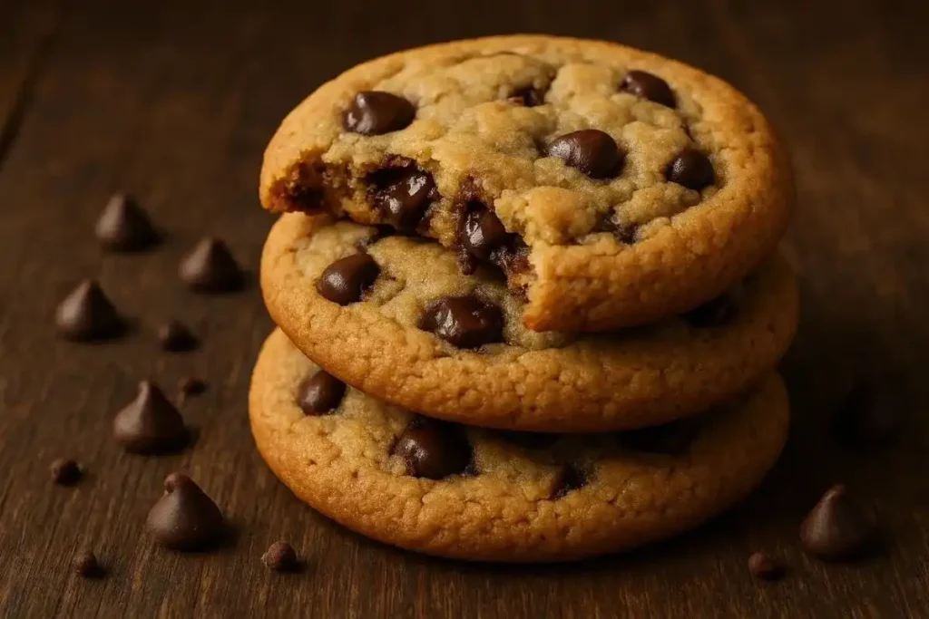 Side-angle close-up of stacked eggless chocolate chip cookies showing melted chocolate and soft texture.