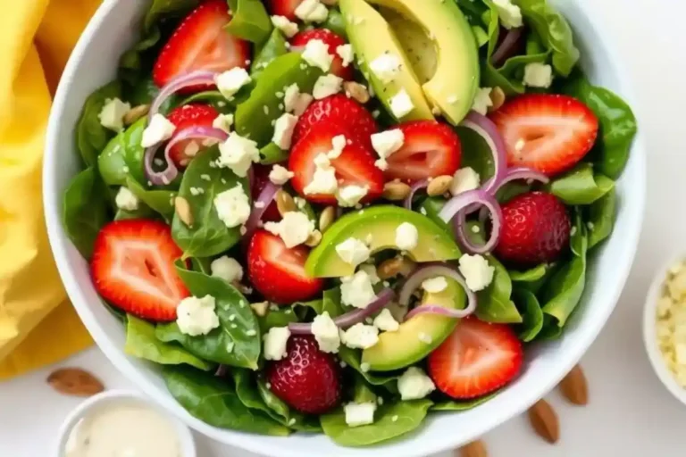 A colorful bowl filled with fresh spinach leaves, sliced strawberries, creamy avocado, red onion rings, crumbled feta cheese, and toasted almonds, lightly drizzled with balsamic glaze, served on a wooden table with a fork and additional ingredients nearby.