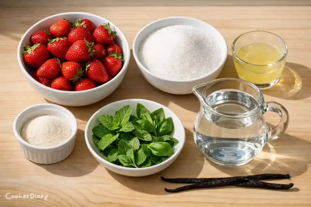 Flat-lay of strawberry consommé ingredients on wooden counter