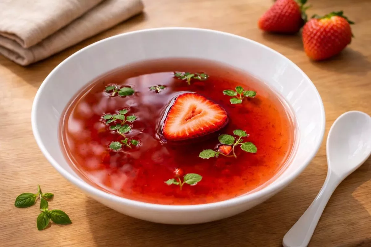 Side view of strawberry consommé in glass coupe