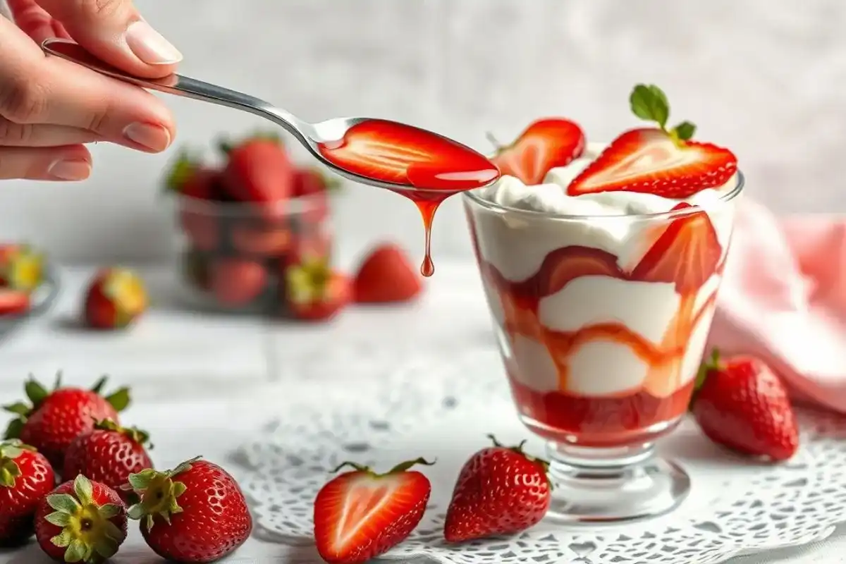 Top-down view of strawberry cream dessert cups, with fresh strawberries and whipped cream.