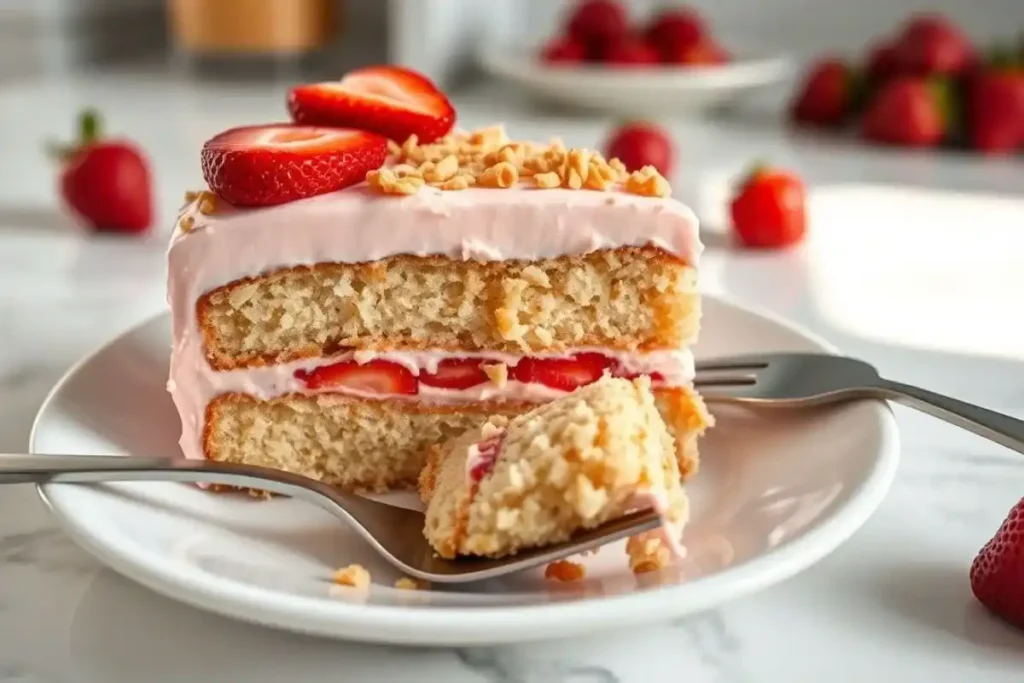 Angled view of a slice of strawberry crunch cake showing its layers and crumbly topping.