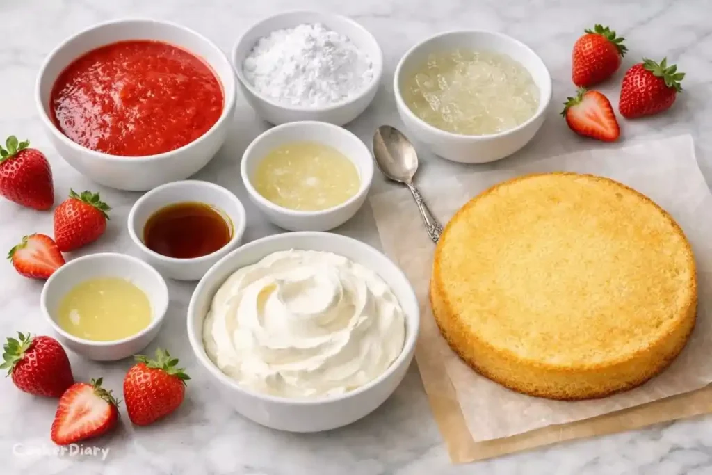 Flat-lay of strawberry mousse cake ingredients on white marble.