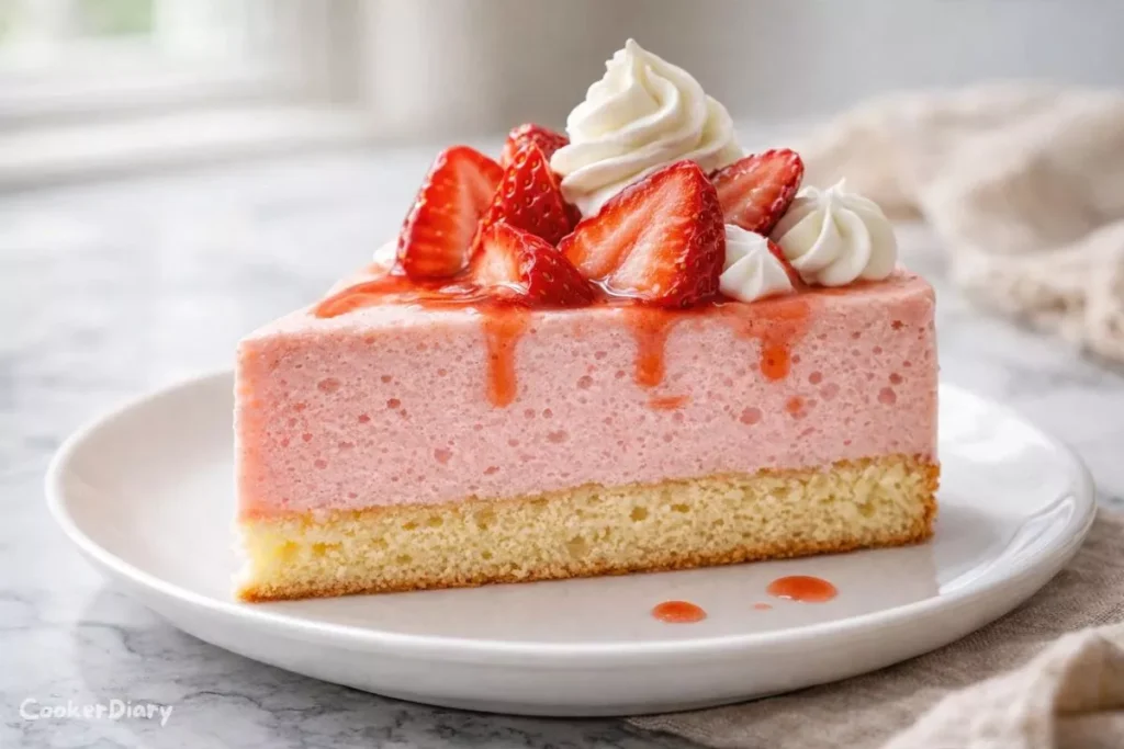 Angled slice of strawberry mousse cake showing fluffy layers.