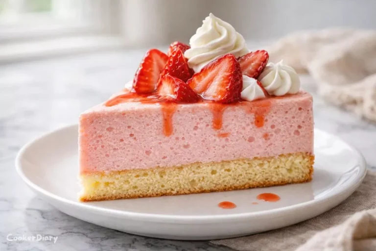 Angled slice of strawberry mousse cake showing fluffy layers.