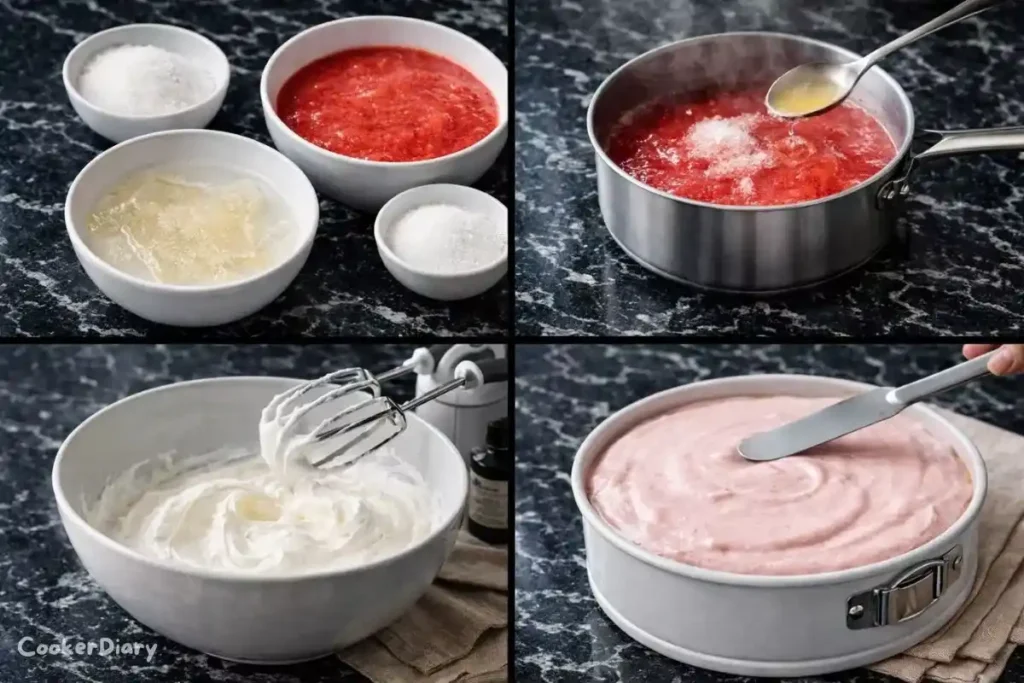 Four-step composite showing the cake preparation.