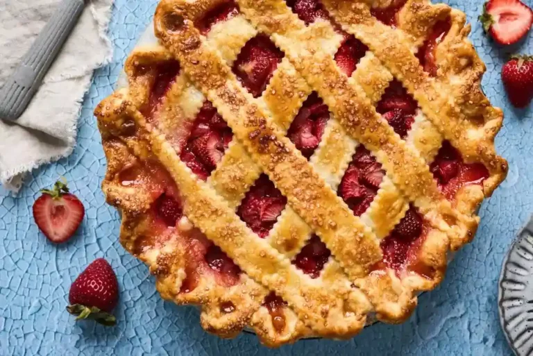 A vibrant strawberry rhubarb dessert, with a golden crust and fresh strawberries peeking out, served on a rustic wooden table.