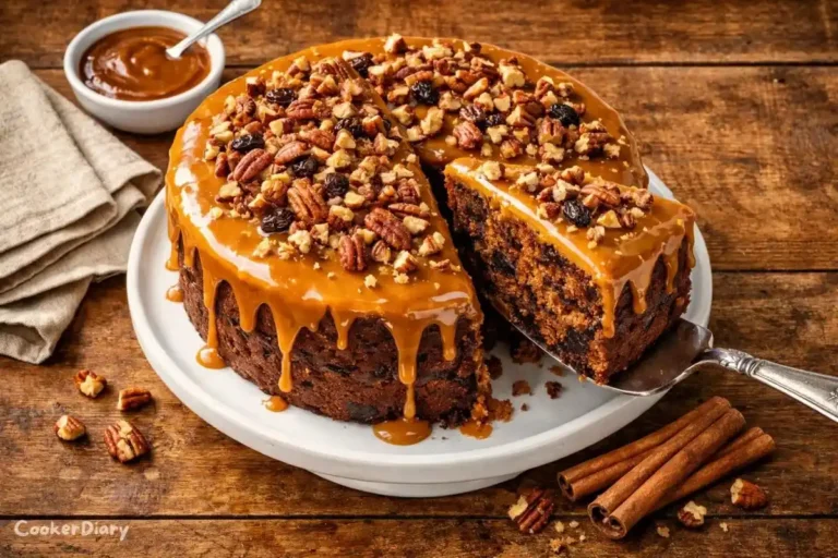 Top-down view of Tennessee Jam Cake with caramel icing and pecans.