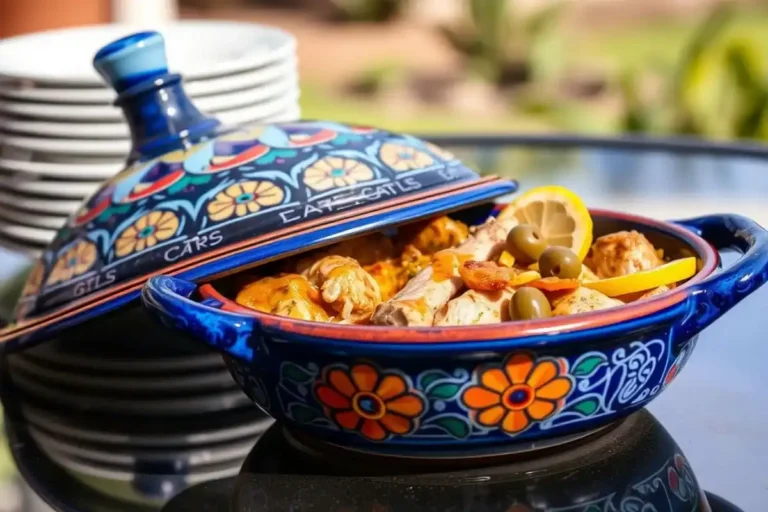 Side view of Moroccan chicken tagine in clay pot with vegetables and rich sauce.