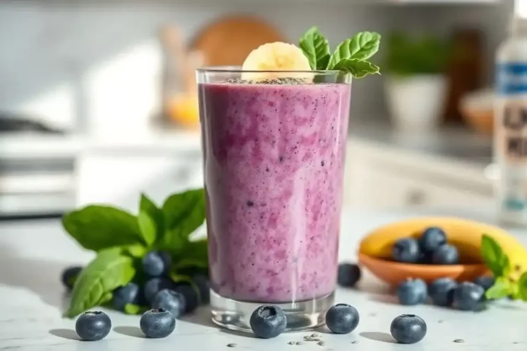 A blueberry protein powder smoothie in a glass, topped with chia seeds, spinach leaves, and banana slices, placed on a kitchen counter with natural light.