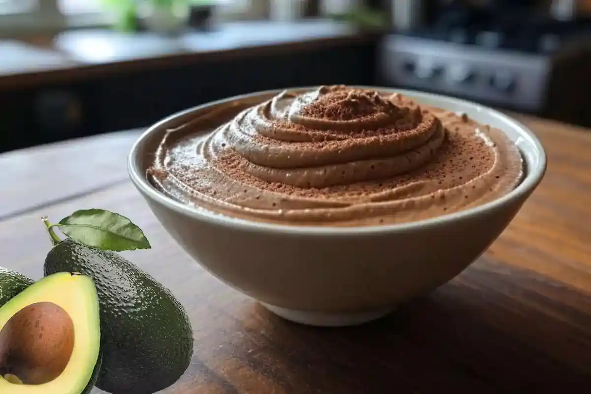 A rich and creamy chocolate avocado mousse served in a glass bowl, topped with fresh berries and mint leaves.