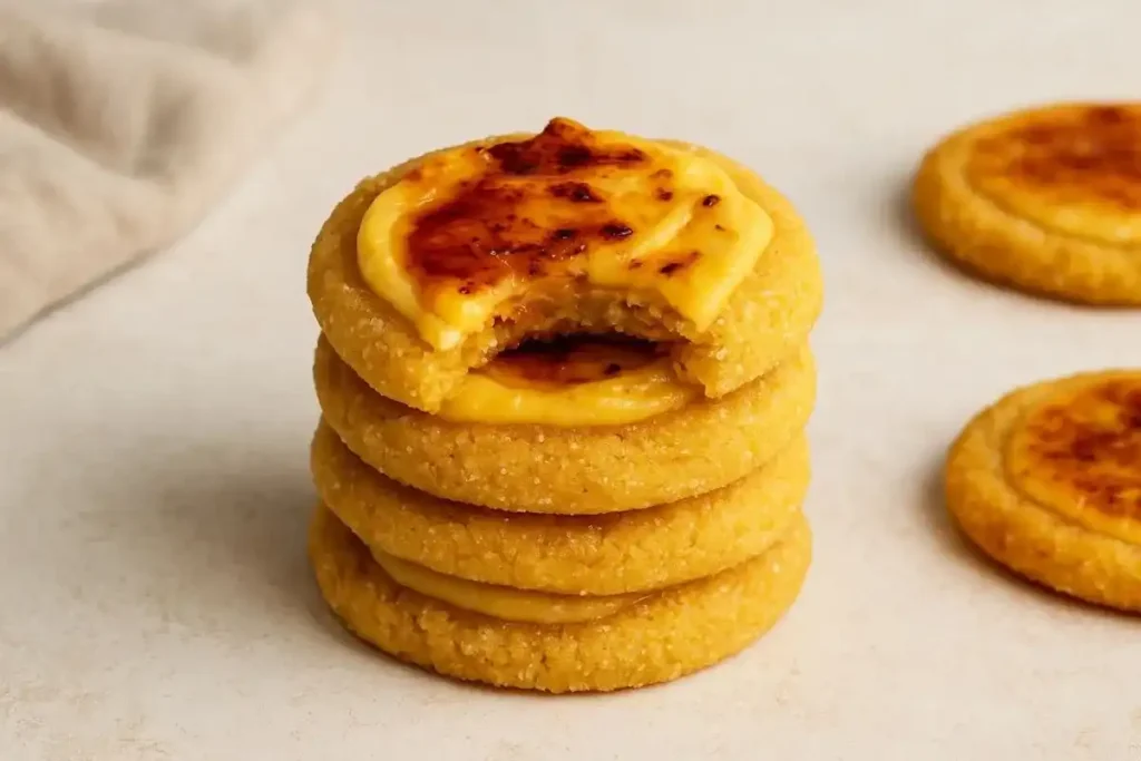 golden creme brulee cookie with caramelized sugar crust and creamy interiors on a wooden platter.