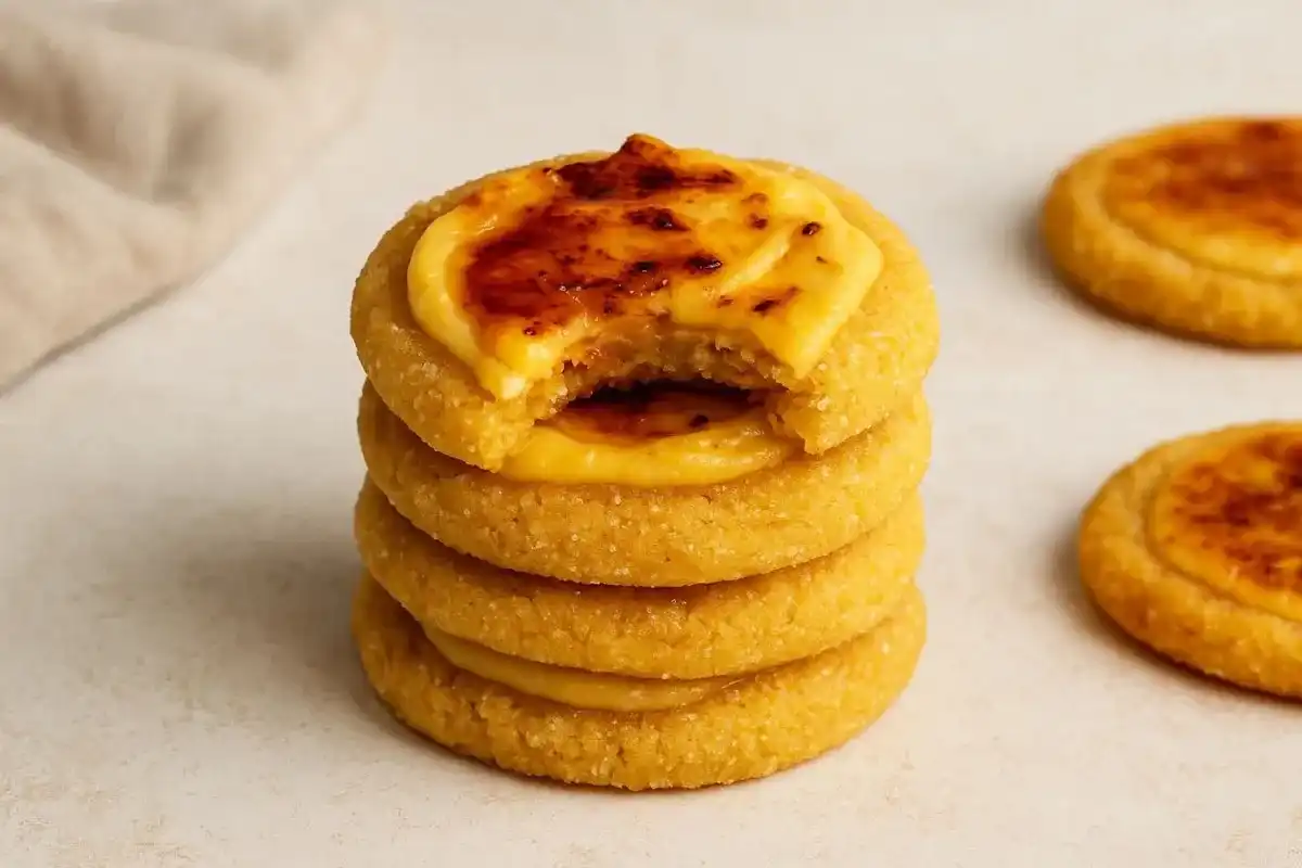golden creme brulee cookie with caramelized sugar crust and creamy interiors on a wooden platter.