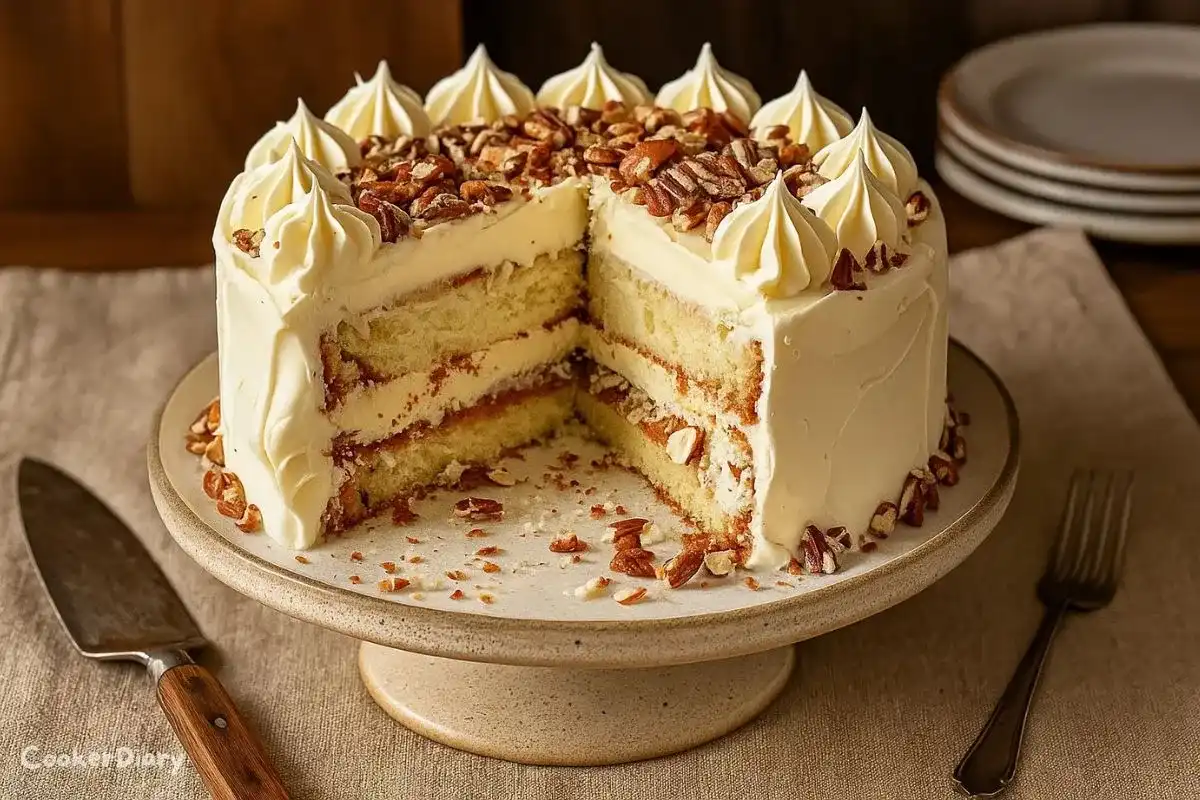 Slice of authentic Italian cream cake topped with shredded coconut and chopped pecans