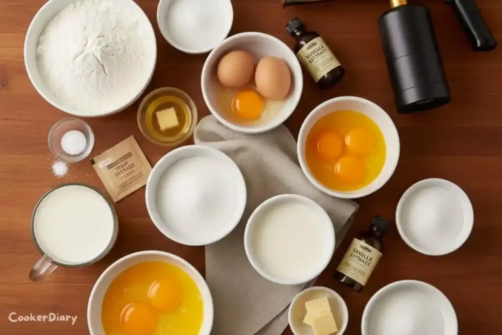Ingredient flat-lay showing flour, milk, sugar, eggs, butter, and tools for crème brûlée donuts.