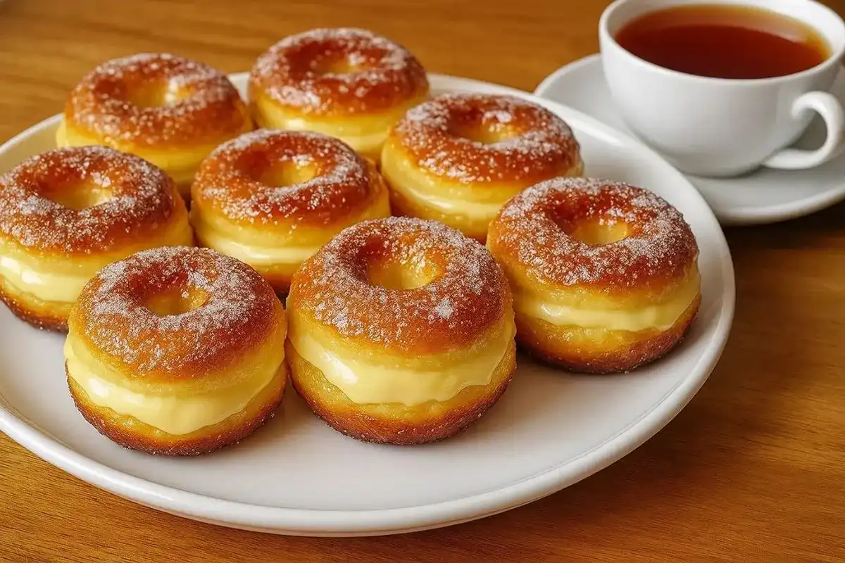 Baked crème brûlée donuts with caramelized sugar topping served alongside a cup of tea