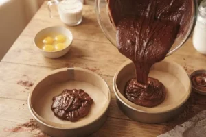 Pouring chocolate cake batter into round cake pans