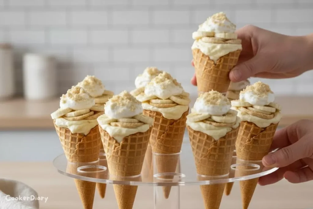Angled view of banana pudding cheesecake cones in acrylic holder.