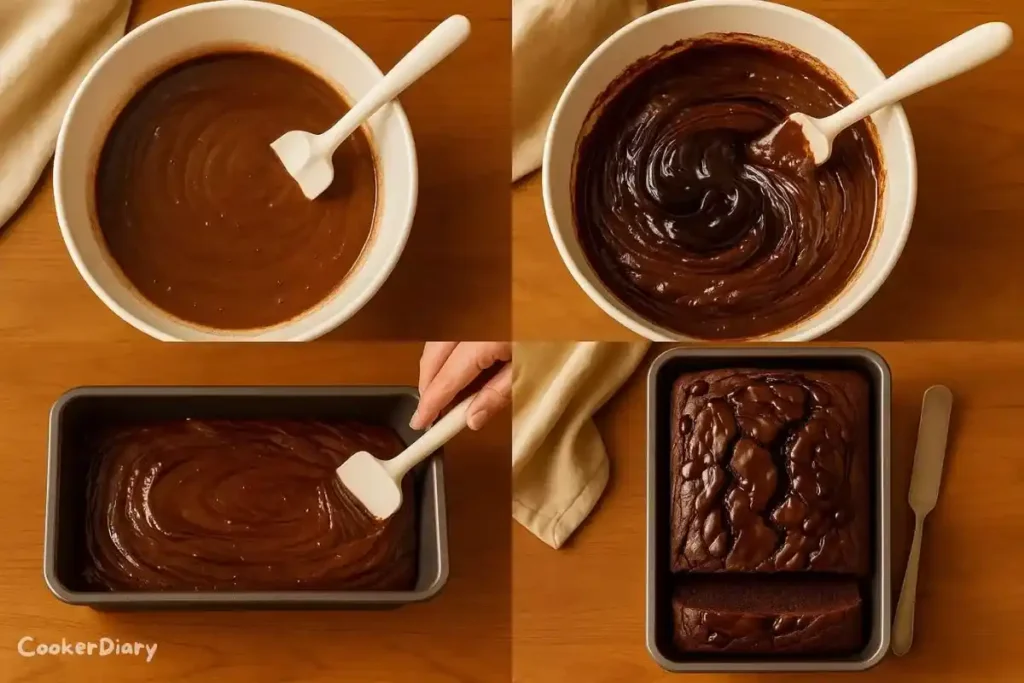 Four-step composite showing preparation of bread recipe from mixing to slicing.