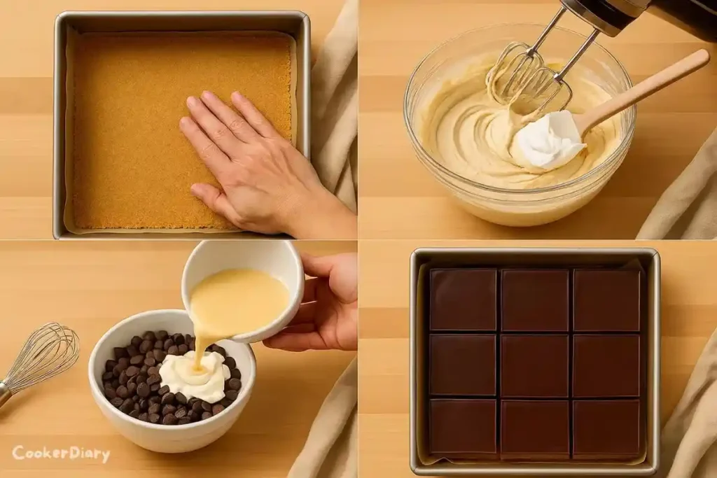 Step-by-step composite showing preparation of buckeye cheesecake bars.