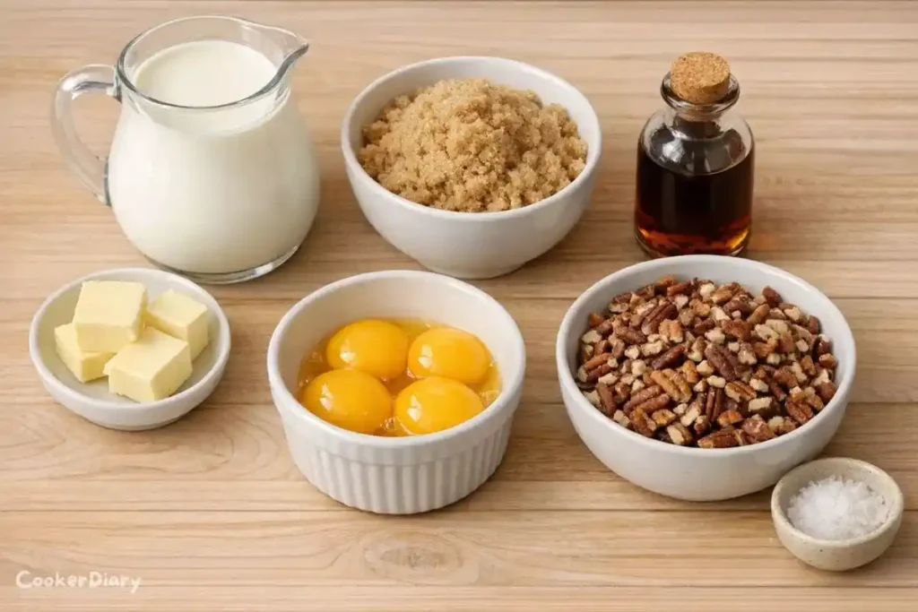 Flat-lay of butter pecan ice cream ingredients on wooden countertop.