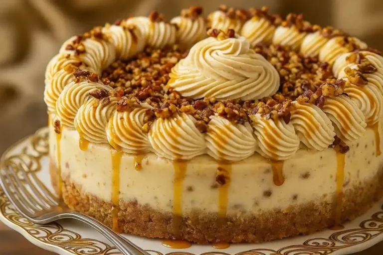 Creamy butter pecan cheesecake slice topped with crunchy pecans and caramel drizzle