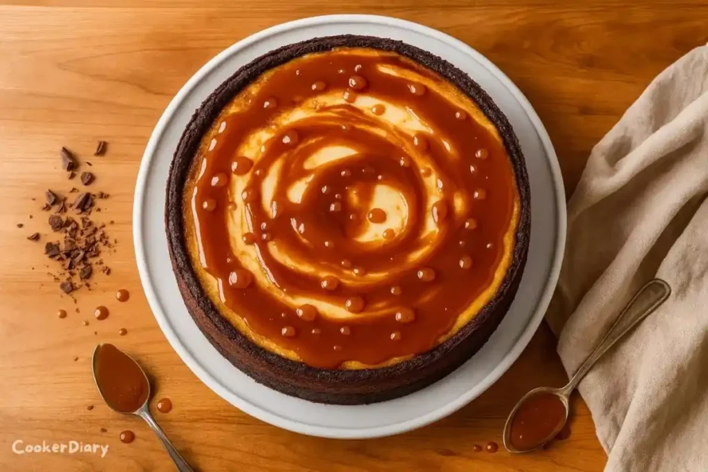 Top-down view of caramel brownie cheesecake with caramel swirls and brownie crust.