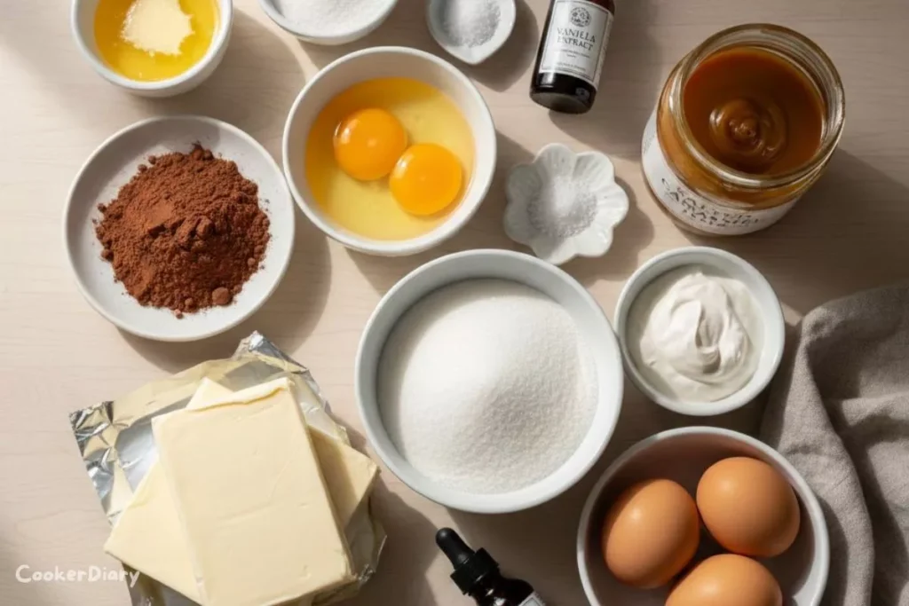 Flat-lay of the recipe ingredients arranged on wooden countertop.