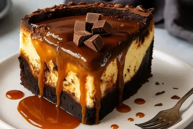 caramel brownie cheesecake with gooey caramel drizzle and chocolate brownie base