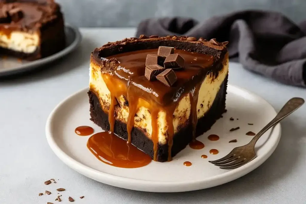 Slice of caramel brownie cheesecake with caramel drizzle and brownie chunks