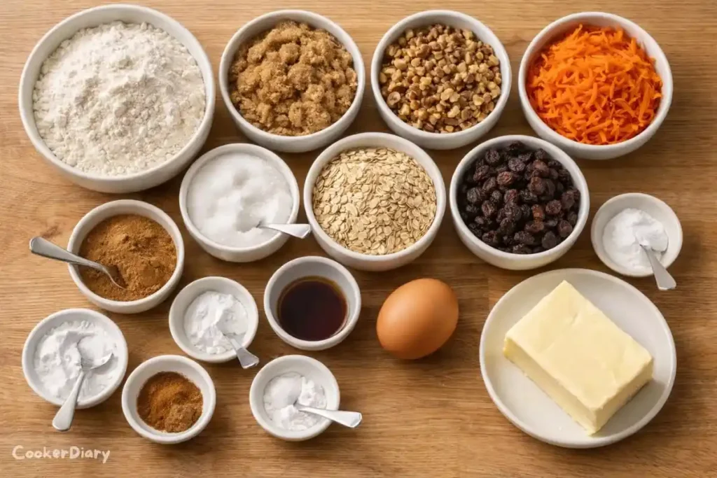 Flat-lay of carrot cake cookie baking ingredients on a wooden counter.