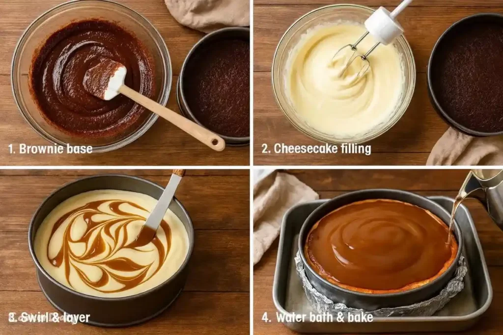 Four-step composite showing brownie base, cheesecake filling, caramel swirl, and water bath process.