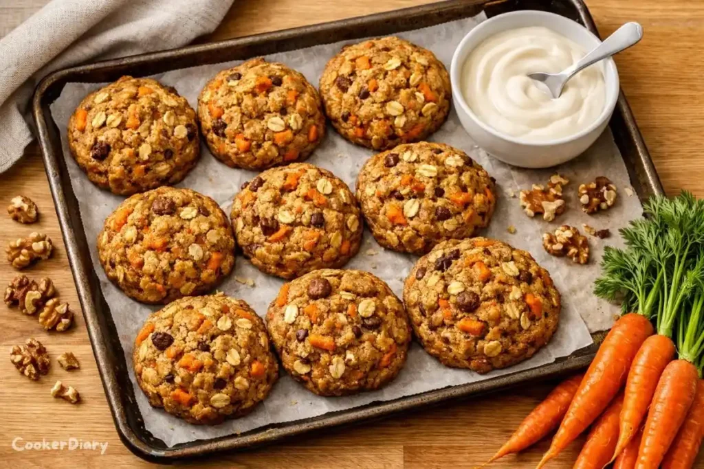 Top-down view of carrot cake cookies on a baking tray with cream cheese glaze.