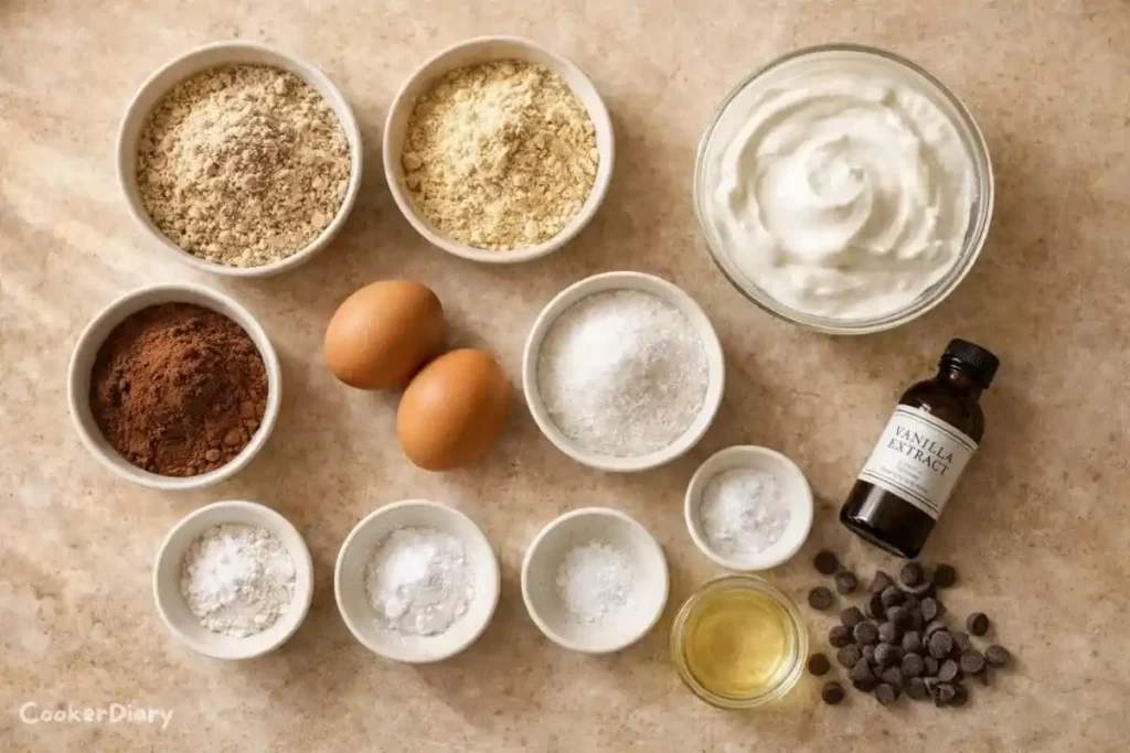 Raw ingredients for chocolate hazelnut cake arranged flat lay