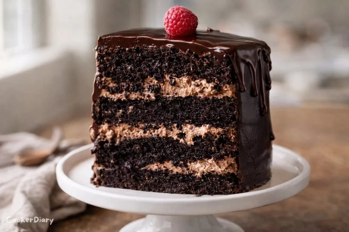Side view of dark chocolate mousse cake